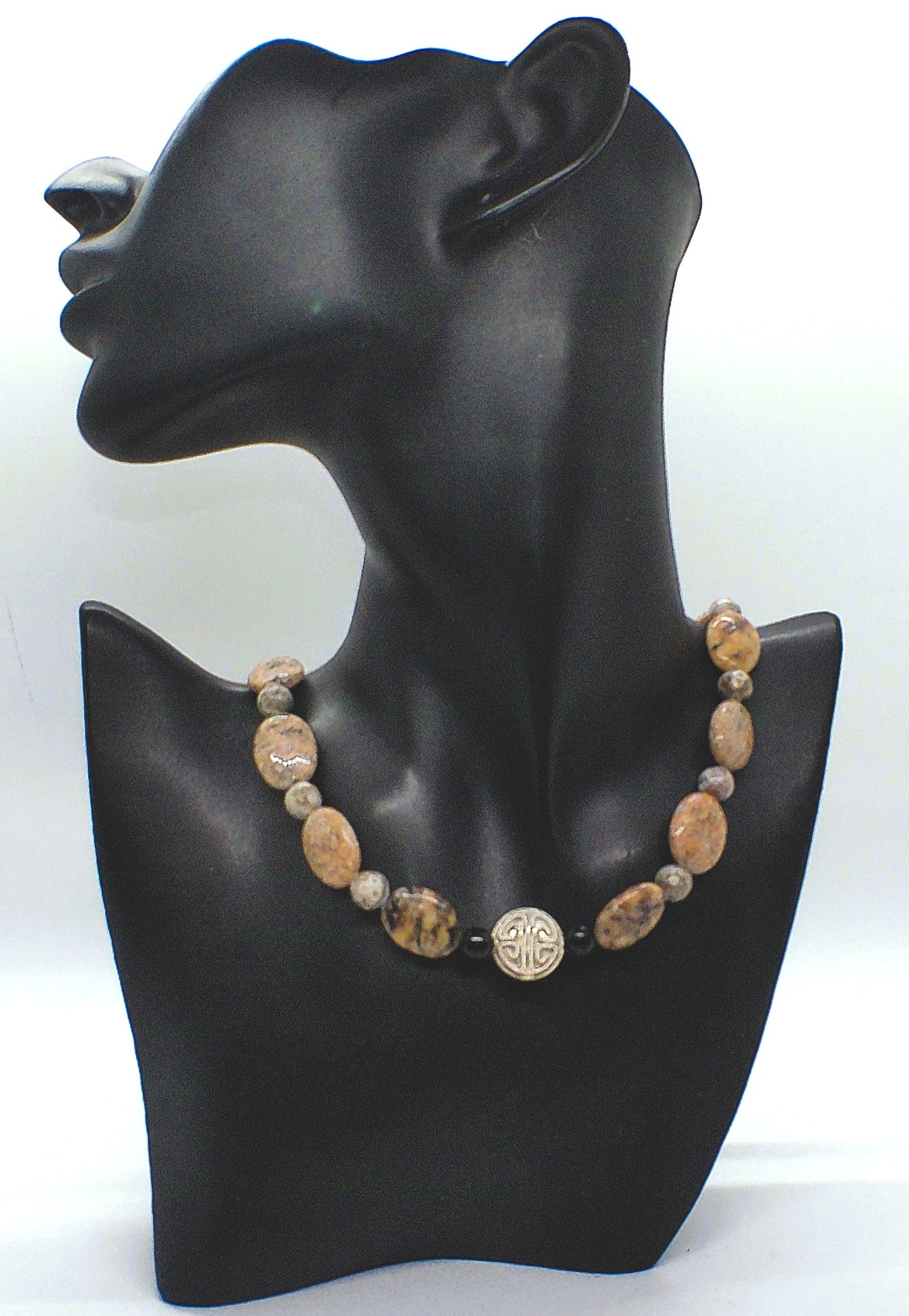 Lovely Pink Feldspar & Maifanite Jasper, Black, brown, Gray, Semi-precious, Beaded Necklace handcrafted by Artistry Jewelry