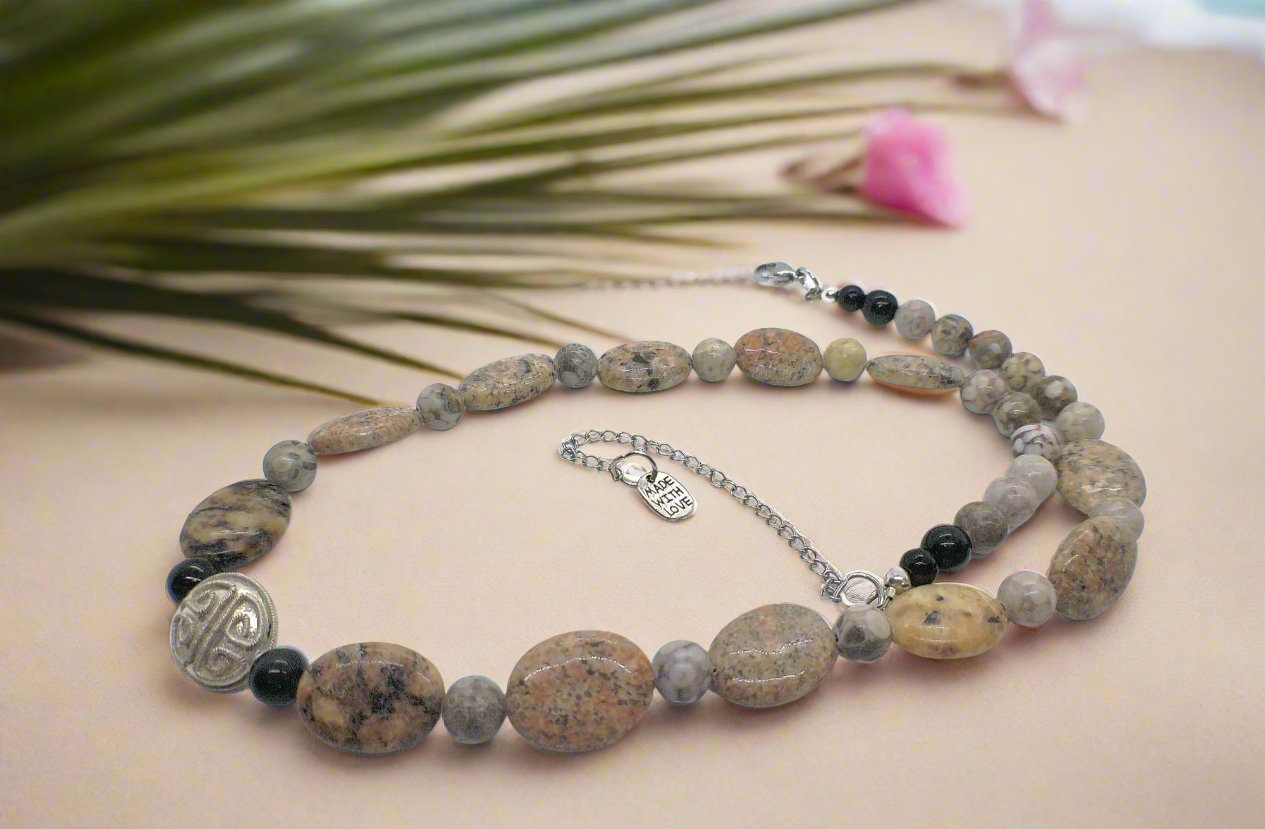 https://www.artistryjewelry.net/products/lovely-pink-feldspar-maifanite-jasper-black-brown-gray-semi-precious-beaded-necklace-handcrafted-by-artistry-jewelry