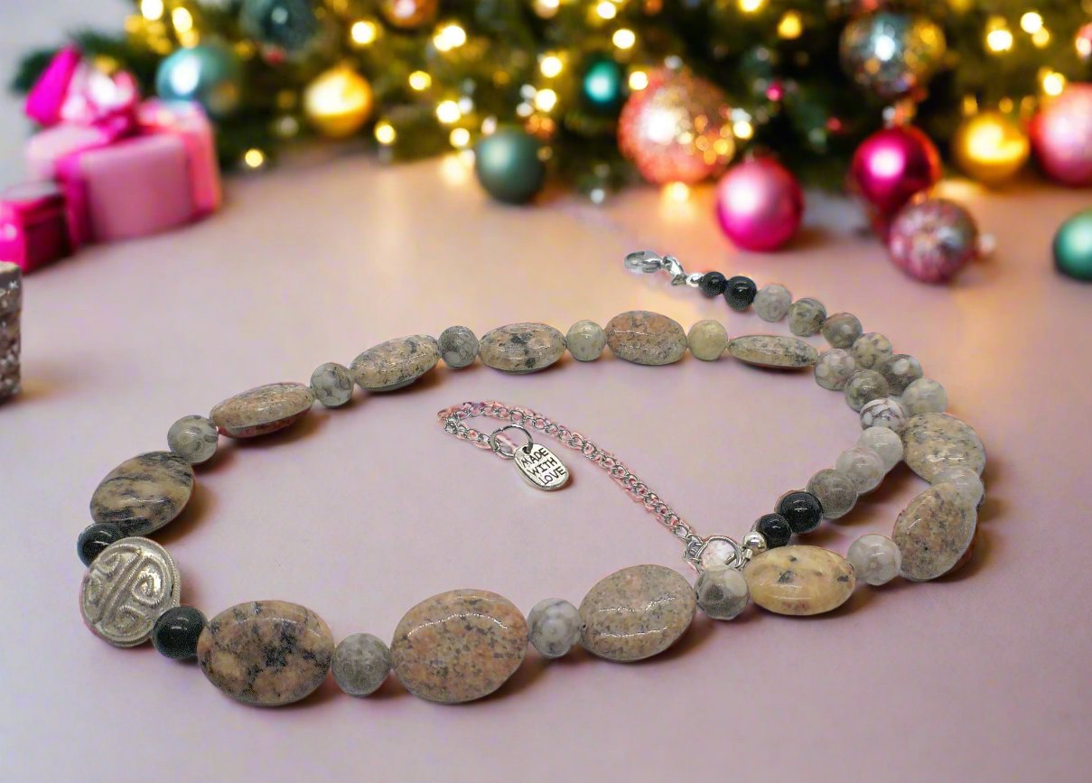 https://www.artistryjewelry.net/products/lovely-pink-feldspar-maifanite-jasper-black-brown-gray-semi-precious-beaded-necklace-handcrafted-by-artistry-jewelry