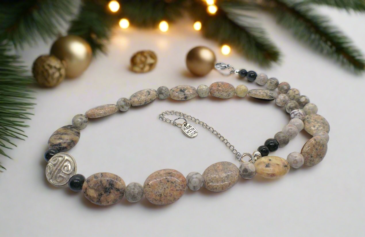 https://www.artistryjewelry.net/products/lovely-pink-feldspar-maifanite-jasper-black-brown-gray-semi-precious-beaded-necklace-handcrafted-by-artistry-jewelry