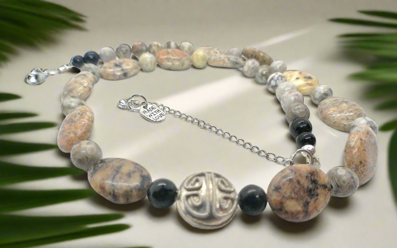 https://www.artistryjewelry.net/products/lovely-pink-feldspar-maifanite-jasper-black-brown-gray-semi-precious-beaded-necklace-handcrafted-by-artistry-jewelry