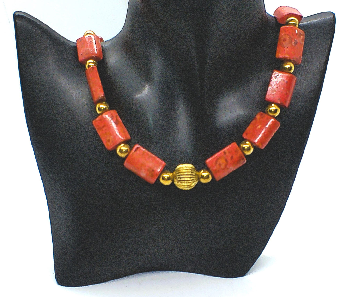 Beautiful Coral Rectangles, Antique Gold Rds, GP Hematite Semi-precisous Beaded Necklace handcrafted by Artistry Jewelry