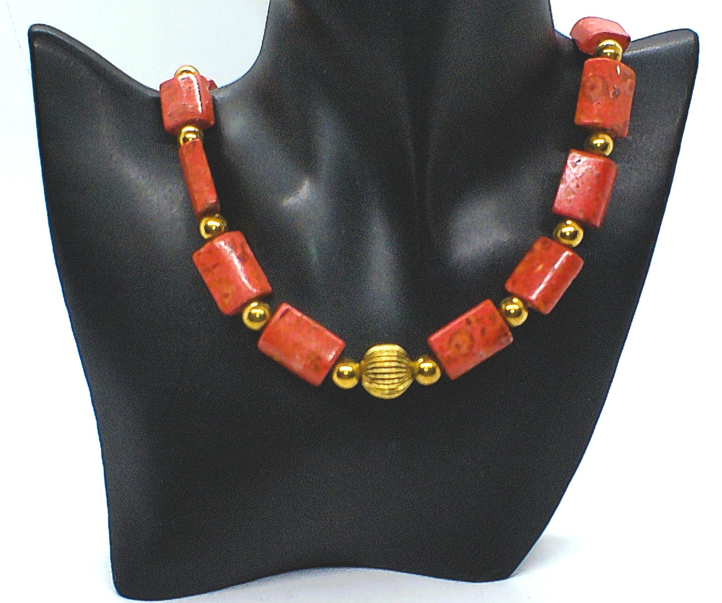 Beautiful Coral Rectangles, Antique Gold Rds, GP Hematite Semi-precisous Beaded Necklace handcrafted by Artistry Jewelry