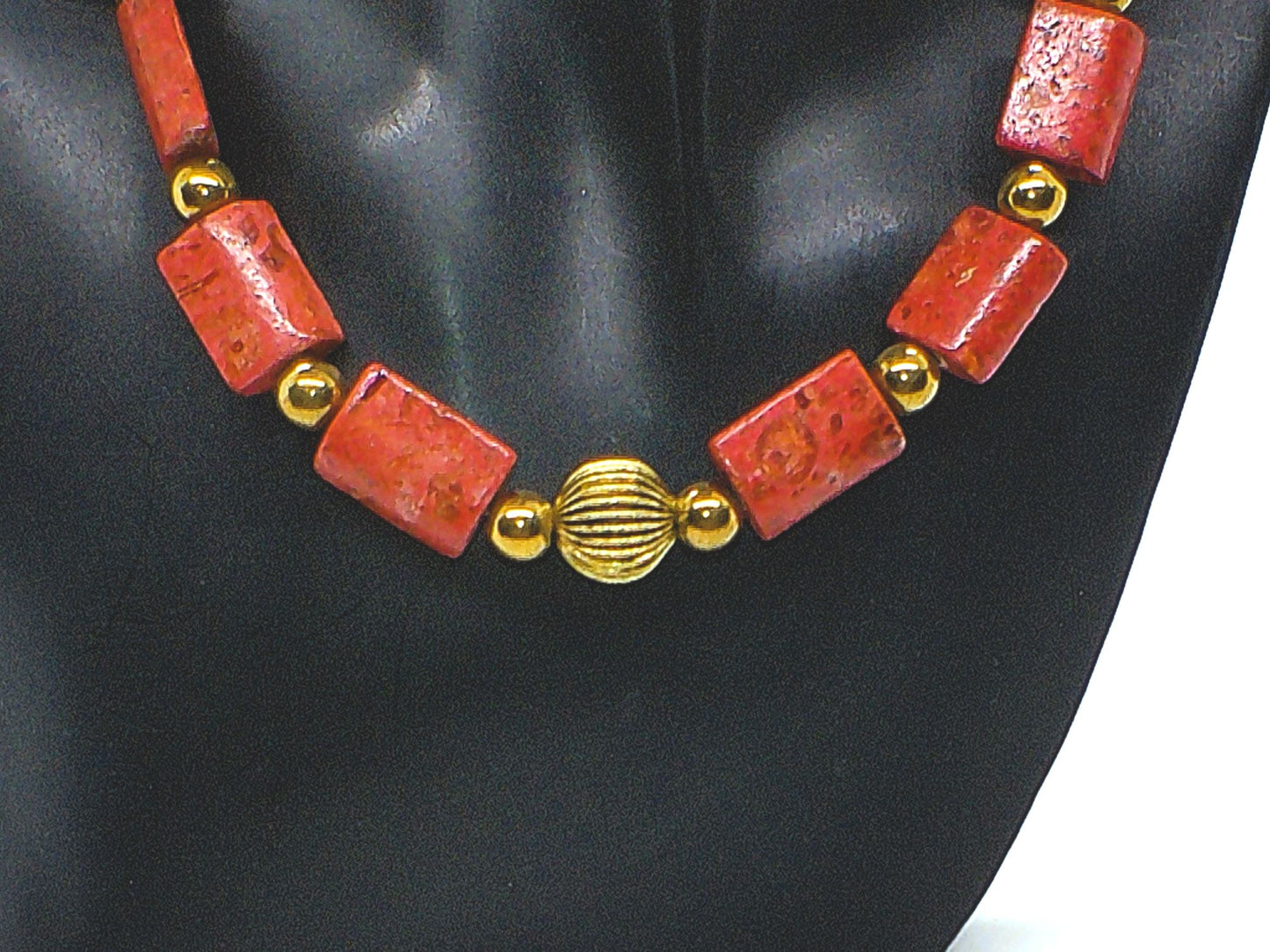 Beautiful Coral Rectangles, Antique Gold Rds, GP Hematite Semi-precisous Beaded Necklace handcrafted by Artistry Jewelry