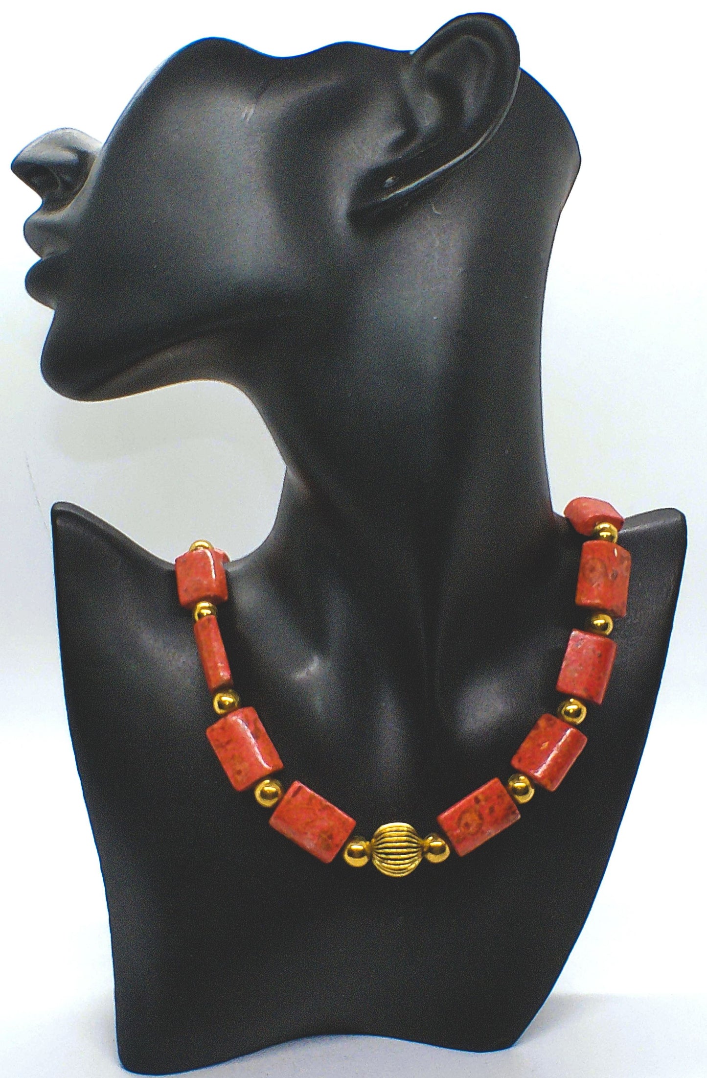 Beautiful Coral Rectangles, Antique Gold Rds, GP Hematite Semi-precisous Beaded Necklace handcrafted by Artistry Jewelry