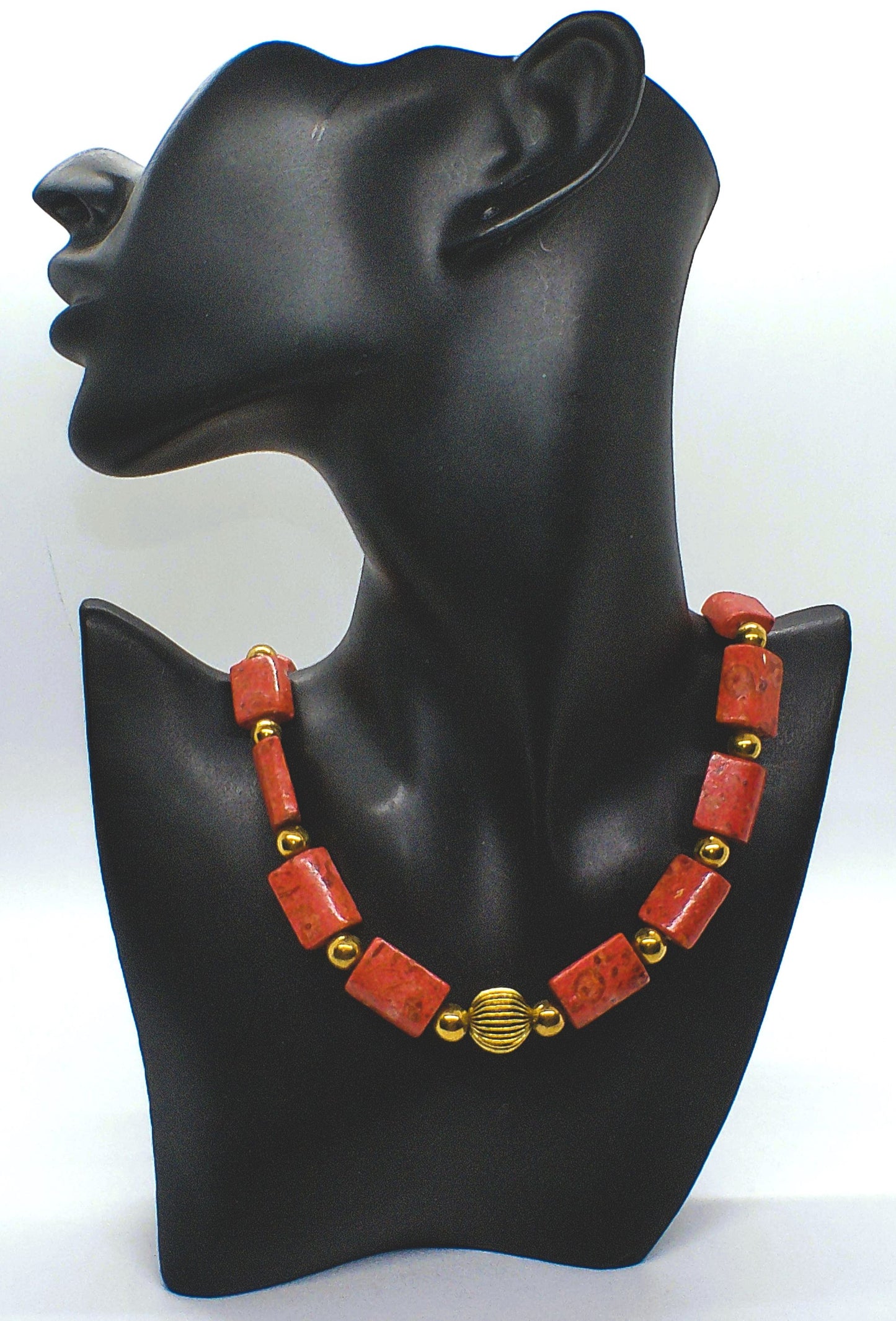 Beautiful Coral Rectangles, Antique Gold Rds, GP Hematite Semi-precisous Beaded Necklace handcrafted by Artistry Jewelry