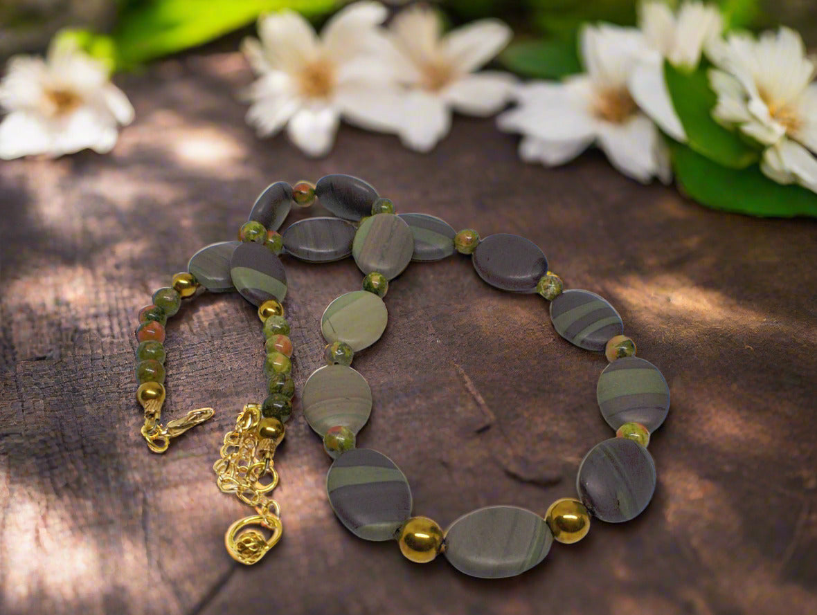 https://www.artistryjewelry.net/products/alluring-mocha-mint-jasper-unakite-and-hematite-beaded-necklace-by-artistry-jewelry