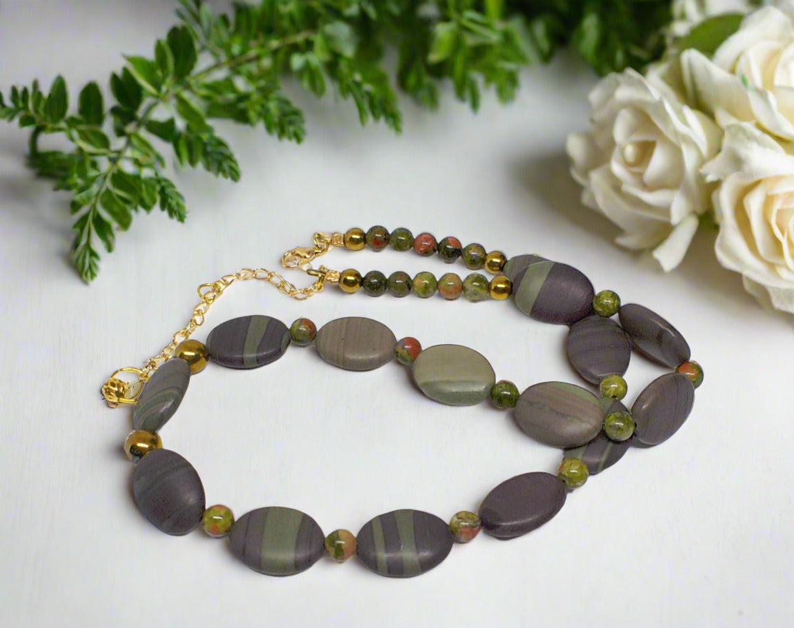 https://www.artistryjewelry.net/products/alluring-mocha-mint-jasper-unakite-and-hematite-beaded-necklace-by-artistry-jewelry