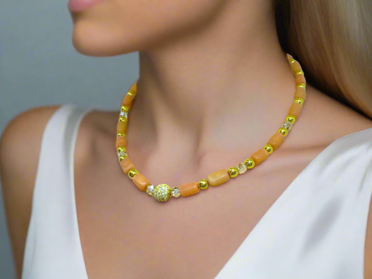 Exceptional Crystal and Buri, Peach, and Cream Beaded Necklace Set with Cubic Zirconia - handcrafted by Artistry Jewelry