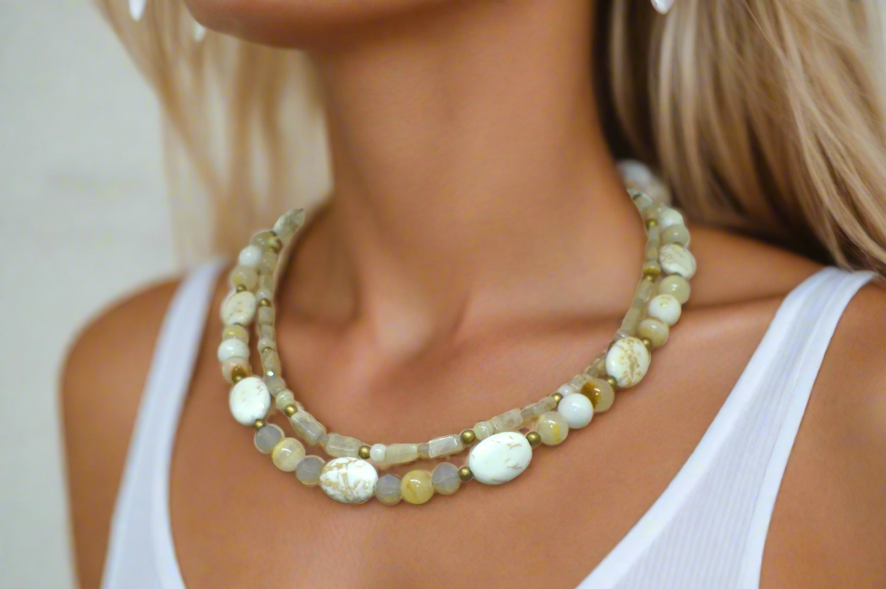 Tantalizing Opal Crystals, Natural Magnesite and Italian Onyx, Two-Strands, Beaded Necklace - crafted by Artistry Jewelry