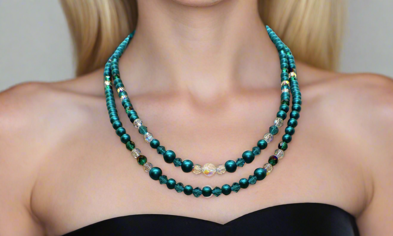 Stunning Indicolite Czech Crystals, Crystal Passion Focal, and Fire-Polish /Blue/Green Beads, Two-Strand, Teal Necklace Set - crafted by Artistry Jewelry