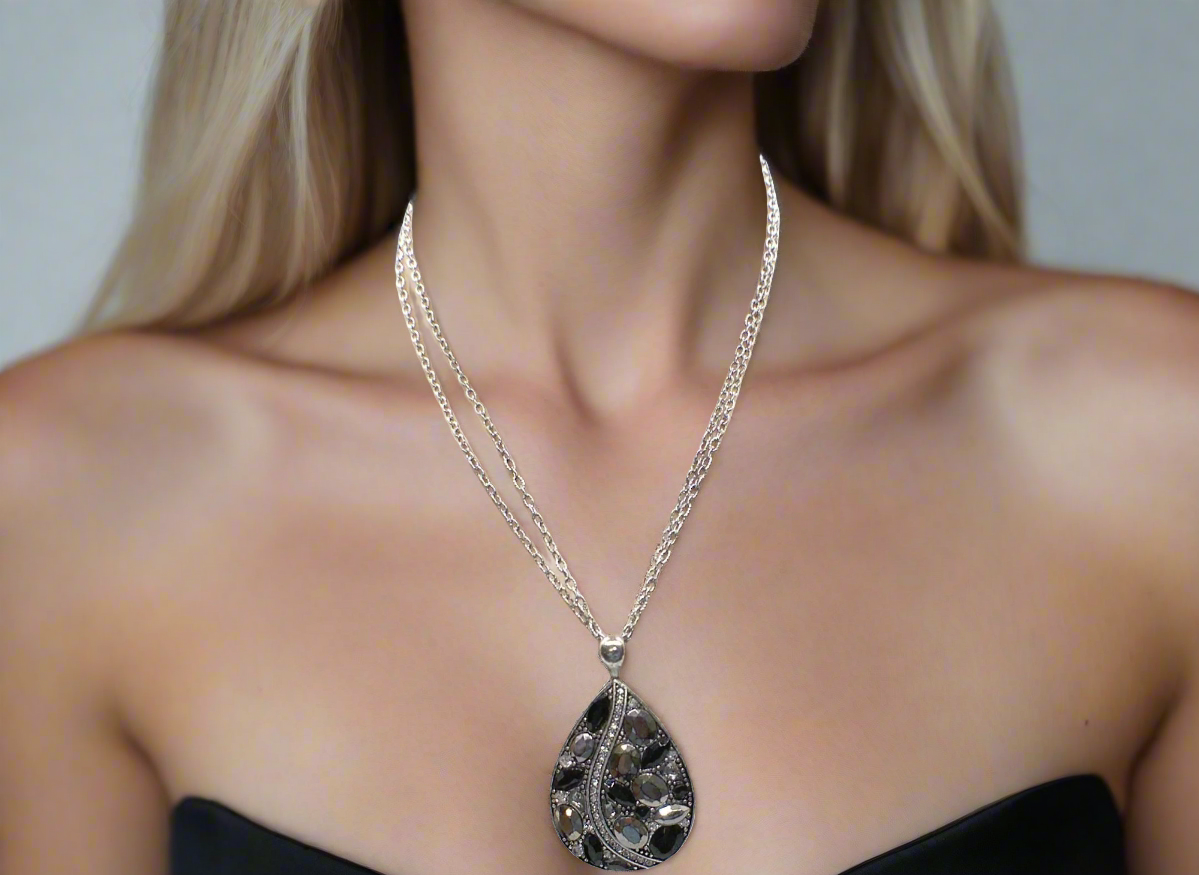 Beautiful Black, Silver, and Gray, Rhinestone, Teardrop, Double Chain Necklace Set- by Artistry Jewelry