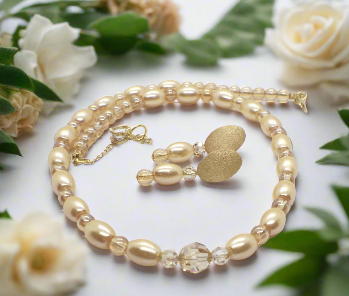 Sweet Golden Shadow Crystals, Light Peach/Champagne Beaded Necklace Set-crafted by Artistry Jewelry