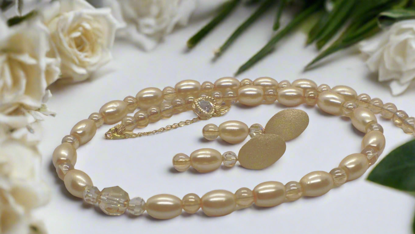 Sweet Golden Shadow Crystals, Light Peach/Champagne Beaded Necklace Set-crafted by Artistry Jewelry