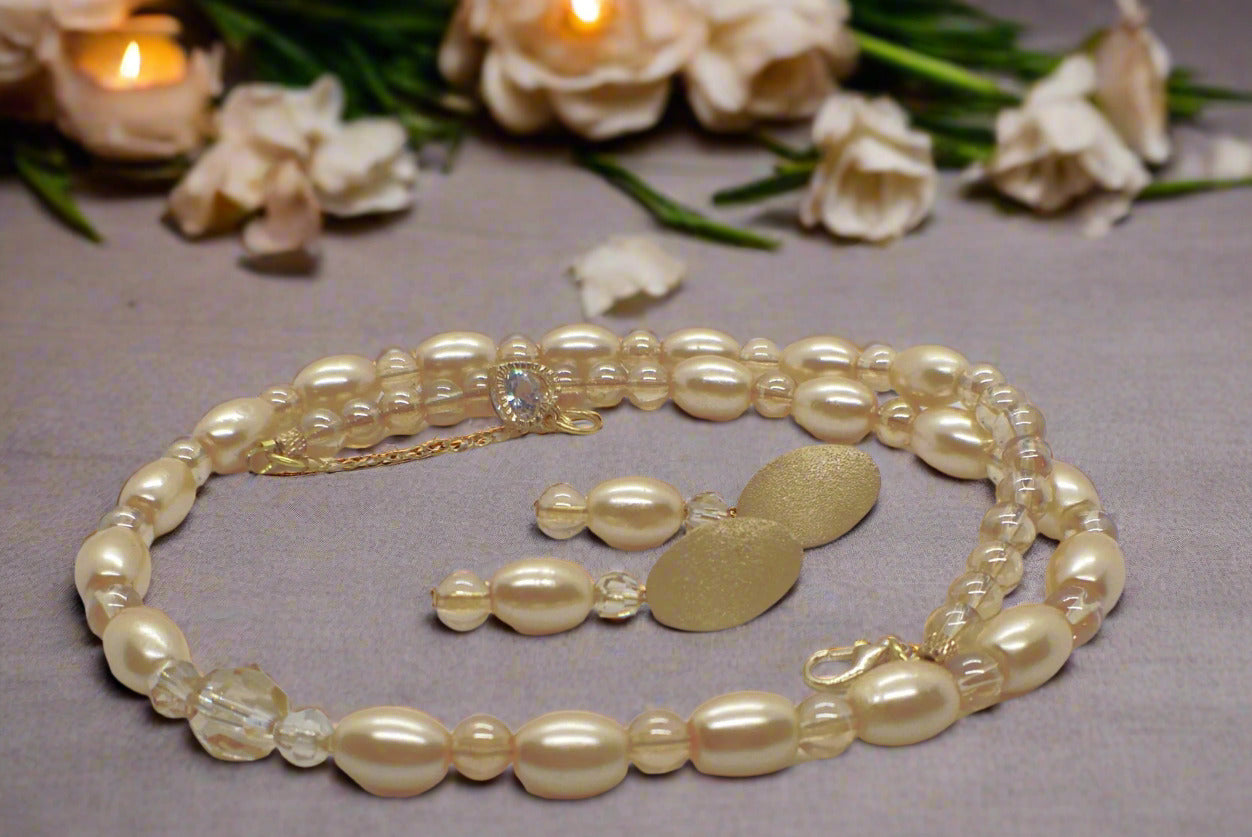 Sweet Golden Shadow Crystals, Light Peach/Champagne Beaded Necklace Set-crafted by Artistry Jewelry