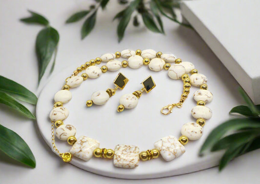 Enticing White Magnesite and Gold Beaded Necklace Set