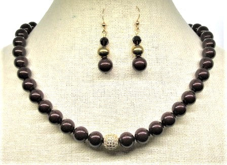 Beautiful One-of-a-Kind, Mocha Crystals and Pearl Necklace Set with CZ ball-handcrafted by Artistry Jewelry