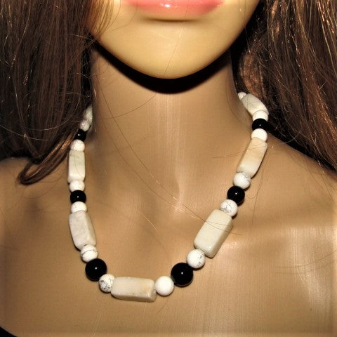 Lovely Natural Snow Quartz, Black Onyx, Howlite and Mountain Jade, Semi-precious, One-of-a -kind, Beaded Necklace A-crafted by Artistry Jewelry