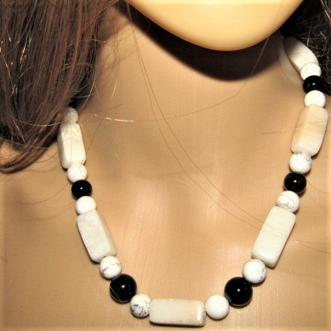 Lovely Natural Snow Quartz, Black Onyx, Howlite and Mountain Jade, Semi-precious, One-of-a -kind, Beaded Necklace A-crafted by Artistry Jewelry