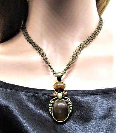 Marvelous Antique Brown and Orange Pendant, Steel Chain Necklace Set, One-of-a-Kind-by Artistry Jewelry