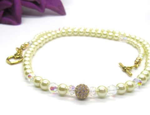 Gorgeous Yellow Pearl Beads,Briolette Crystals, and Cubic Zirconia, One-of-a-Kind Beaded Necklace-handcrafted by Artistry Jewelry