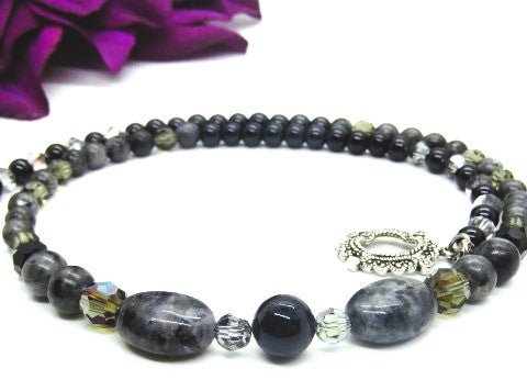 Fabulous Black & Gray Labrador, Black Onyx and Black Diamond Crystals, Semi-precious, Beaded Necklace B-handcrafted by Artistry Jewelry