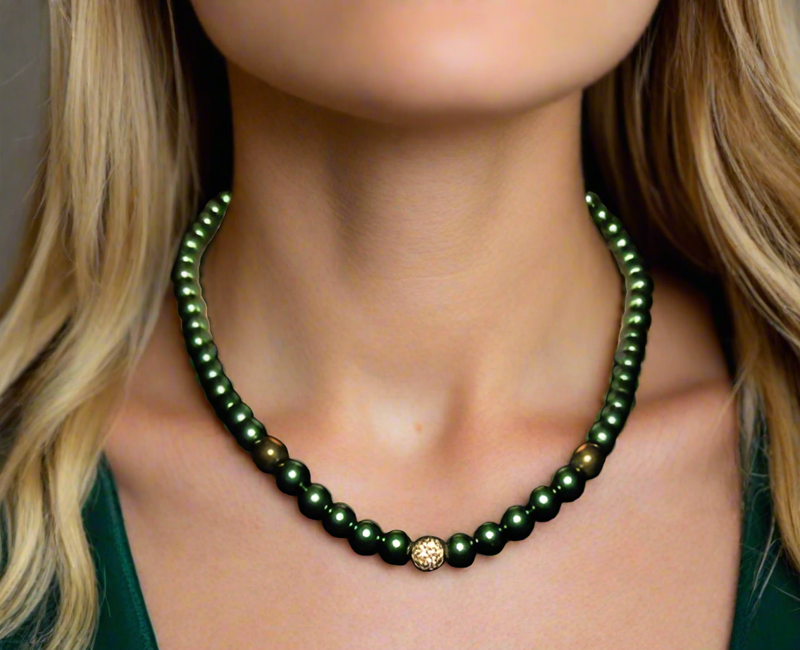 Stunning Cubic Zirconia, Czech Green Satin Beads, and Gold Hematite, Beaded Necklace, One-of-a-Kind, Crafted by Artistry Jewelry