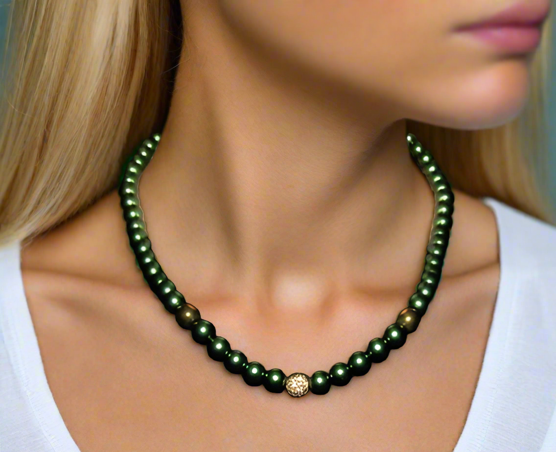 Stunning Cubic Zirconia, Czech Green Satin Beads, and Gold Hematite, Beaded Necklace, One-of-a-Kind, Crafted by Artistry Jewelry