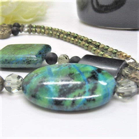 Amazing Turquoise Green and Black Matinee Necklace