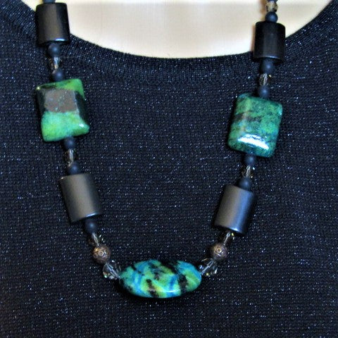 Amazing Turquoise Green and Black Matinee Necklace